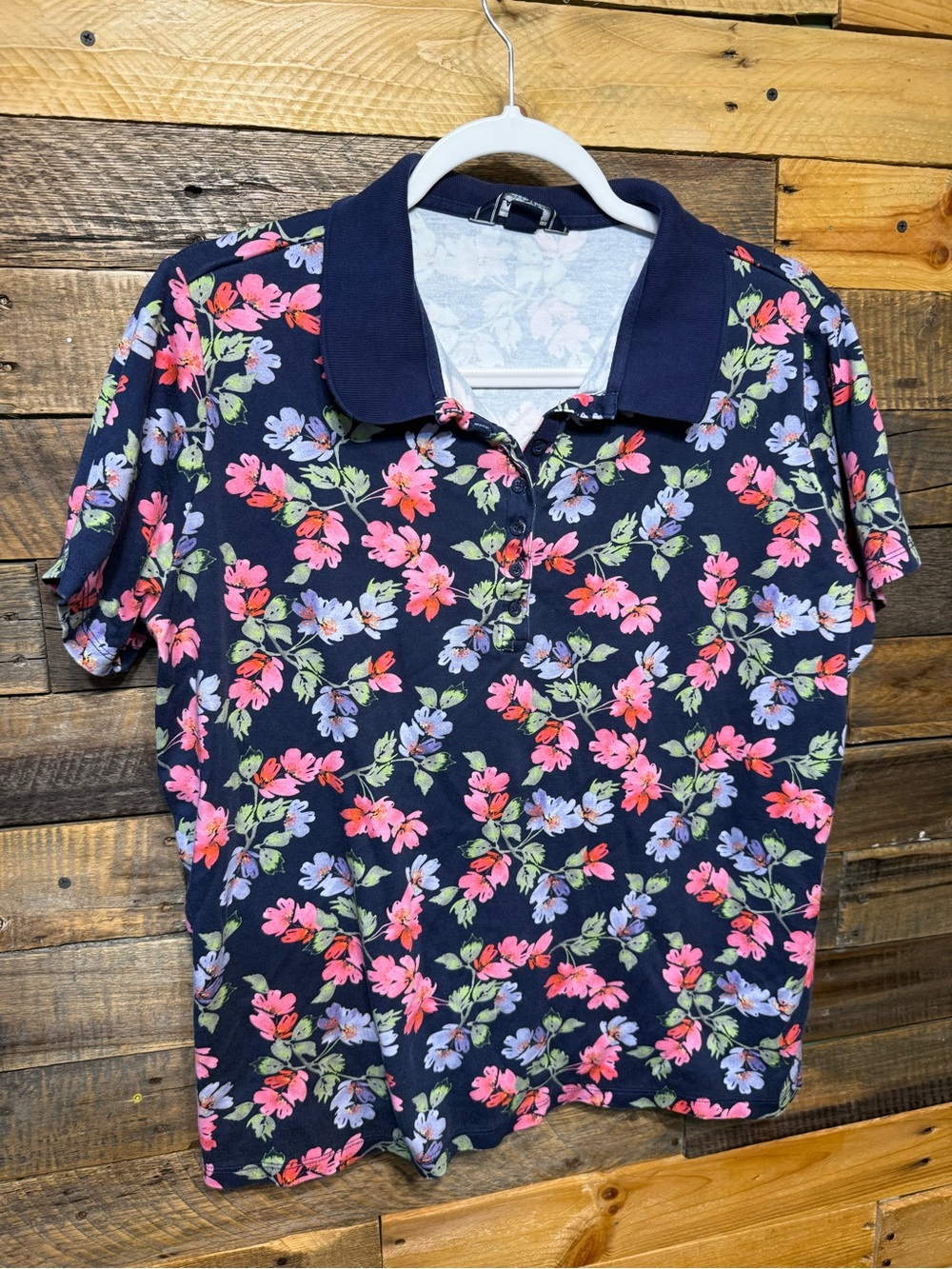 Lands End Womens Plus Size 1X 16W-18W Blue Floral Short Sleeve Polo Shirt